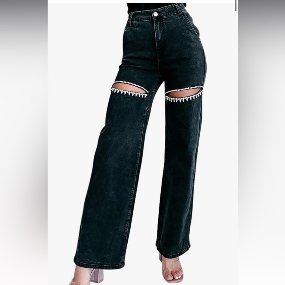 NWT cotton poly blend size small dark charcoal jeans with rhinestone flair.